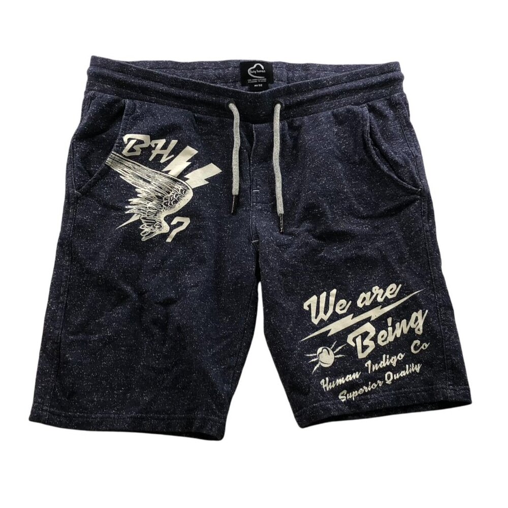 Being Human Mens Sweatshorts Medium 32 Graphic Pull On Drawstring Navy Casual